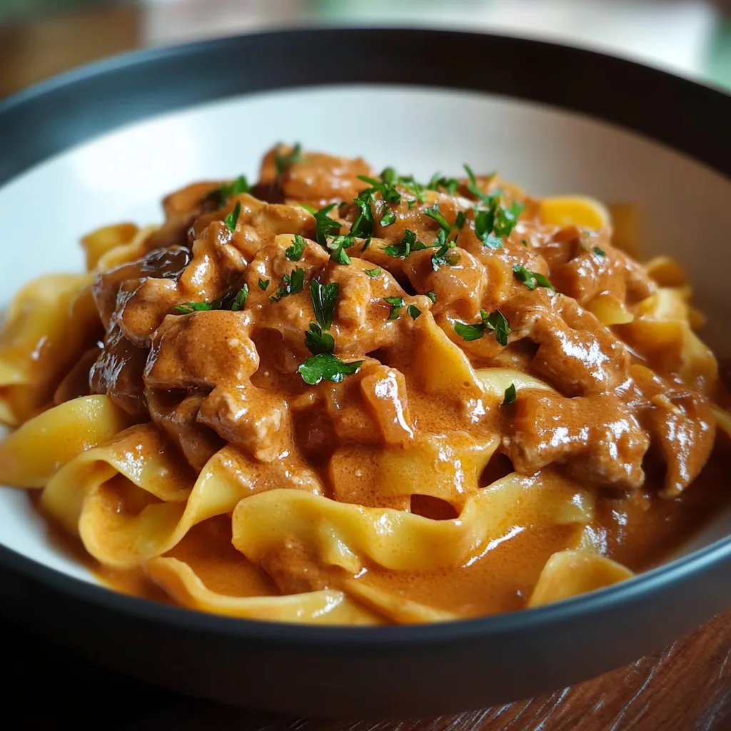 Cremiges Hähnchenragout mit Bandnudeln