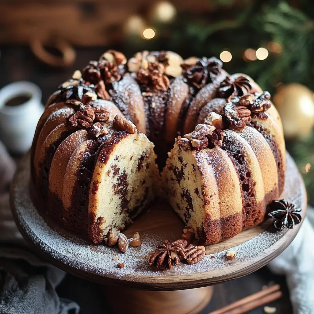 Gewürzkuchen-Marmor-Gugelhupf mit Walnüssen und Zimtguss